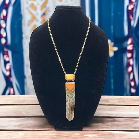 Boho Southwestern Style Necklace Gold Chain Tassel Faux Amber Pendant 25"L - Picture 1 of 5